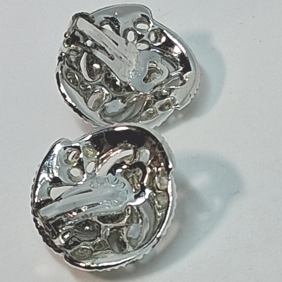 * Vintage Claudette Blue Rhinestone Silver Tone Clip On Earrings - Picture 4 of 5